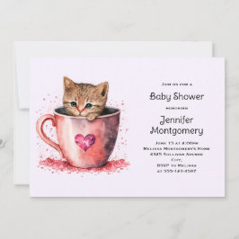 Convites Chuva de Bebê Xícara de Chá com Gatinho Marrom Fof