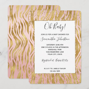 Convites Chuva de Bebê Zebra Brilho Dourado Rosa