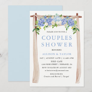 Convites Chuva de Bebês Couples com Hortênsias em Aquarela 