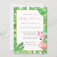 Chuva de bebês flamingo rosa tropical folhas verde