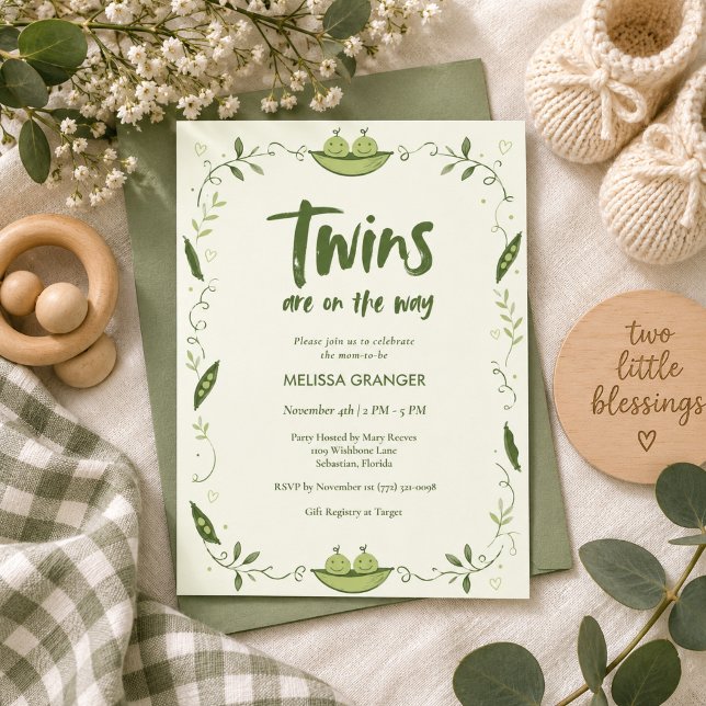 Convites Chuva de Bebês Gêmeos Ervilhas no Mesmo Vagem Chá  (Twins Peas in a Pod Gender Neutral Baby Shower Invitation)