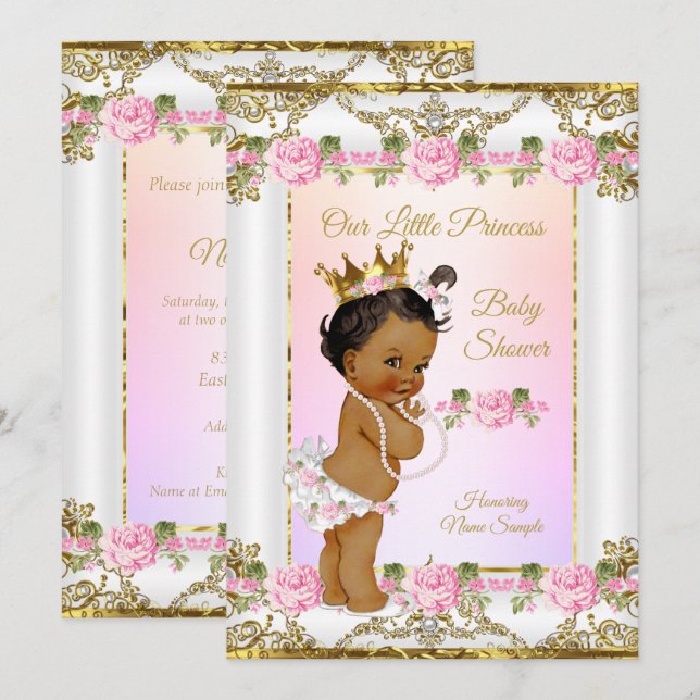Convites Chuva de Benção da Princesa Rosa Dourado Branco Ét (Frente/Verso)