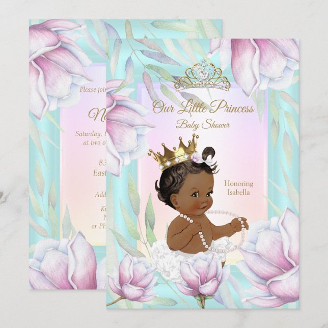 Convites Chuva de Benção da Princesa Tons de Teal Rosa Lilá (Frente/Verso)