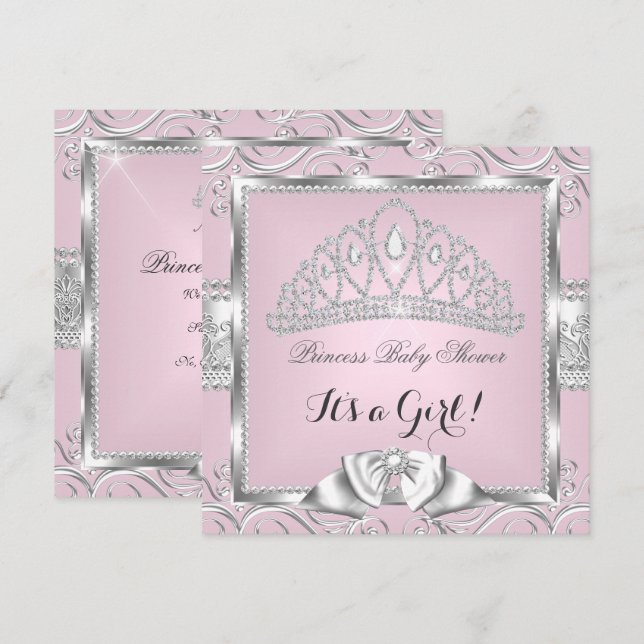 Convites Chuva de Benção de Princesa Menina Rosa Prata dama (Frente/Verso)