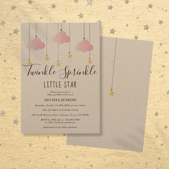 Convites Chuva de Bênçãos Baby Shower Rosa Rústico Boho (Twinkle Sprinkle Baby Shower Pink Rustic Boho Invitation)