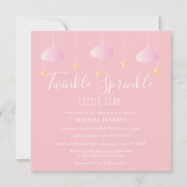 Convites Chuva de Bênçãos Bebê Estrela Brilhante Rosa (Frente)