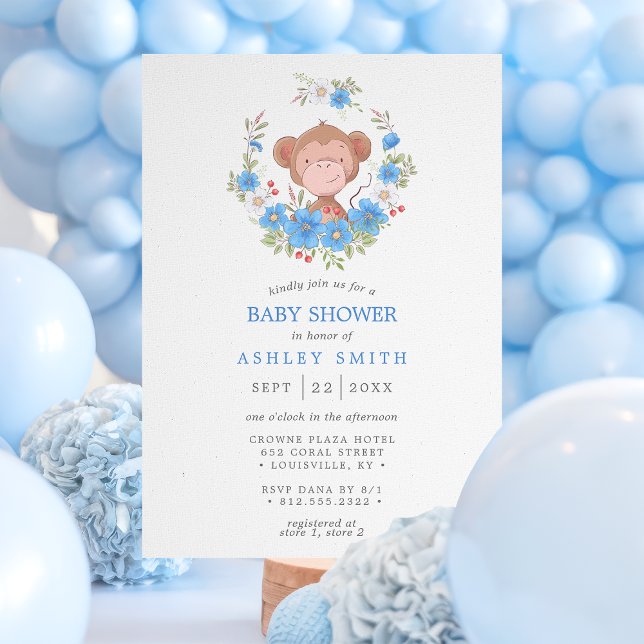 Convites Chuva de Bênçãos Bebê Menino Floral Macaco Azul (Criador carregado)