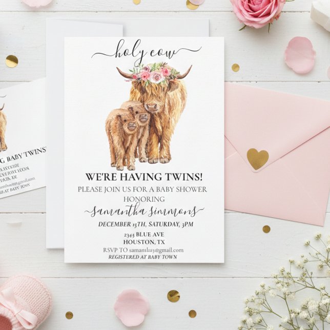 Convites Chuva de Bênçãos Bebê Vaca de Highland Gêmeos Chás (Criador carregado)