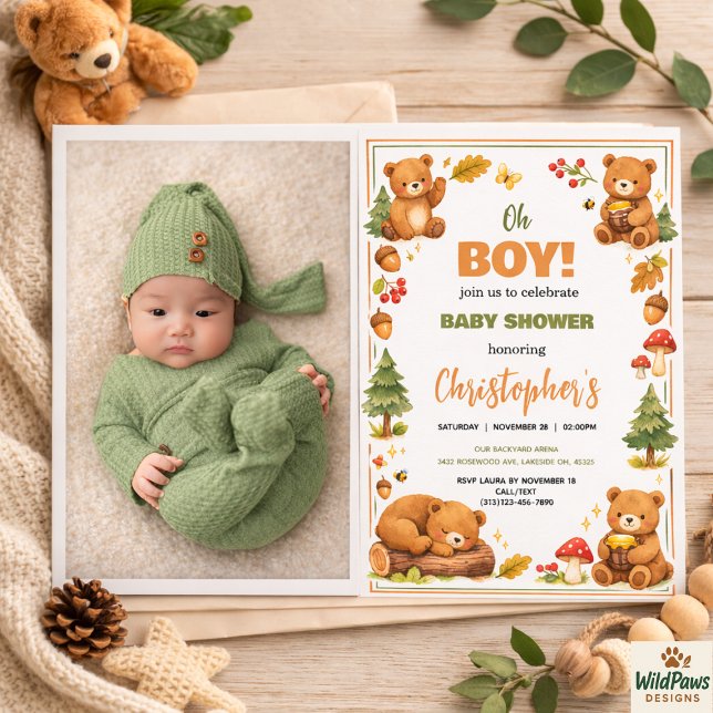 Convites Chuva de Bênçãos em Aquarela Floresta Urso Chá de  (Oh Boy Watercolor Woodland Bear Baby Shower Invitation)