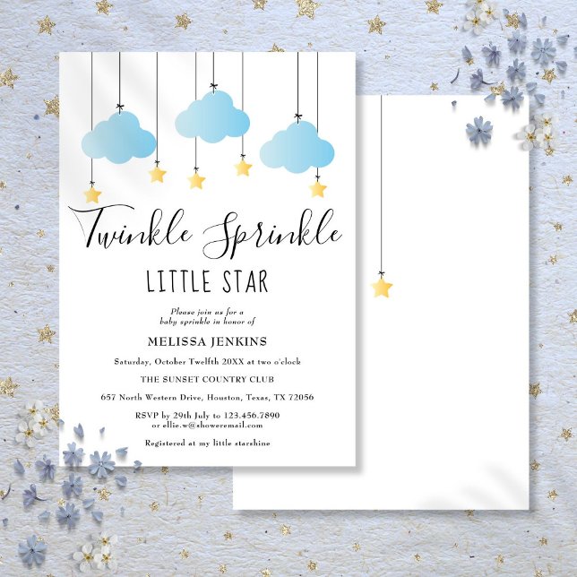 Convites Chuva de Bênçãos Estrelinha Azul Aniversário de Be (Twinkle Sprinkle Little Star Blue Boy Baby Shower Invitation)