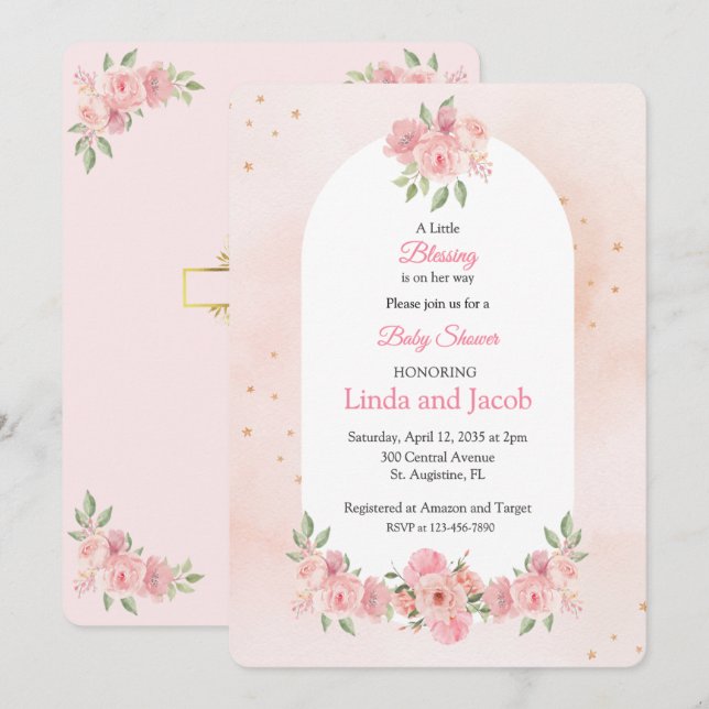 Convites Chuva de Bênçãos Floral Cristã para Chá de Bebê Me (Frente/Verso)