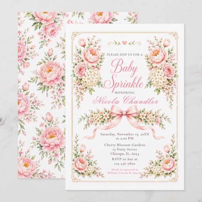 Convites Chuva de Bênçãos Floral e Laço para Bebê (Frente/Verso)