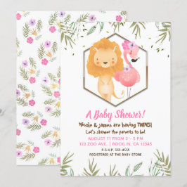 Convites Chuva de Bênçãos Infantil de Flamingo e Leão em Aq