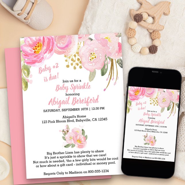Convites Chuva de Bênçãos Infantil em Aquarela Rosa e Doura (Pink floral baby sprinkle invitation for baby number two)
