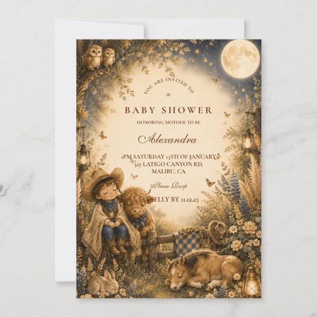 Convites Chuva de Bênçãos Infantil Ocidental Boho Menino (Frente)