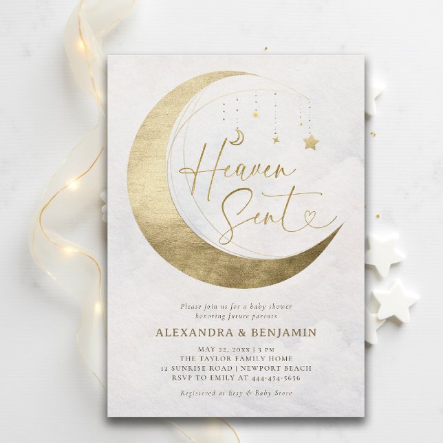 Convites Chuva de Bênçãos Lua Dourada Céu Branco Churrasco  (baby shower invitation heaven sent moon stars sky white gold neutral coed jack jill)