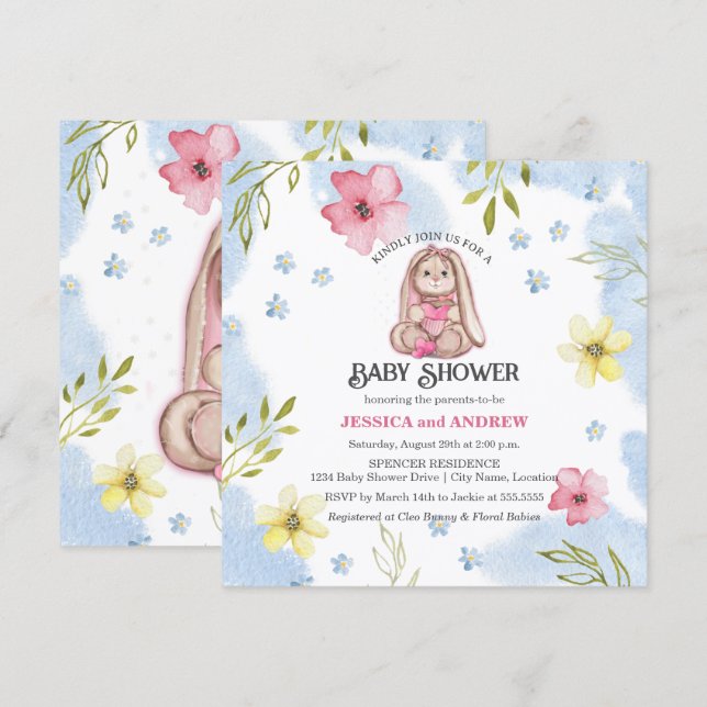 Convites Chuva de Bênçãos Menina Coelhinho Baby Shower (Frente/Verso)