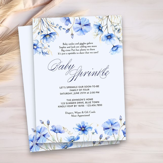 Convites Chuva de Bênçãos para Bebê Azul Poema Floral Chás  (Blue Floral Baby Sprinkle Invitation)