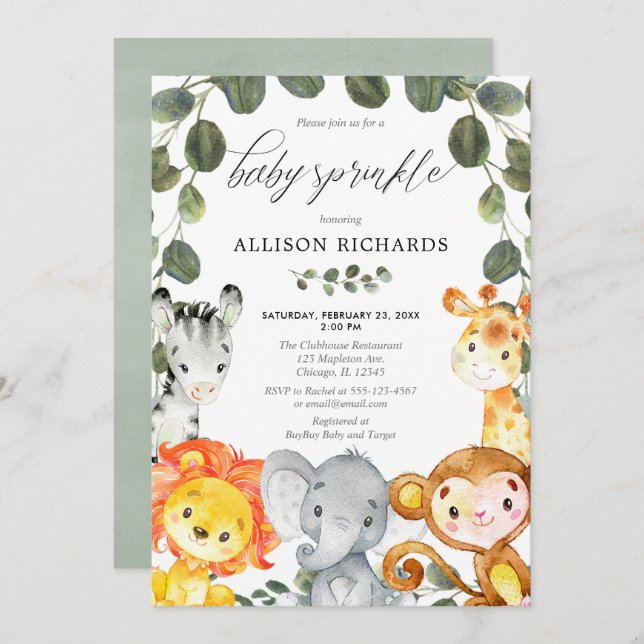 Convites Chuva de bênçãos para bebê gênero neutro animais f (Frente/Verso)