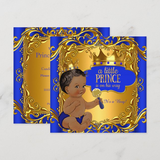 Convites Chuva de Bênçãos para o Bebê Príncipe Azul Ouro Et (Frente/Verso)