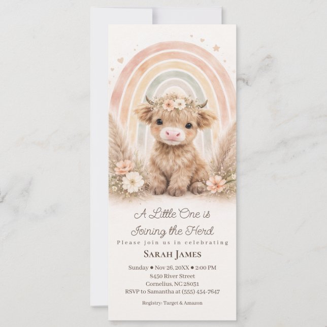 Convites Chuva de Boho Highland Cow Fino Chá de Bebê Neutro (Frente)