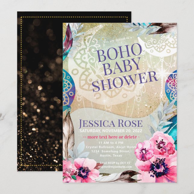 Convites Chuva de Boho Lua Mãe Baby Shower (Frente/Verso)
