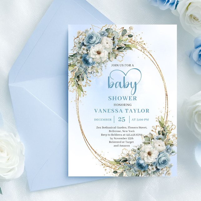 Convites Chuva de Boho Pastel Azul Floral Eucalipto Dourado (Boho Pastel Blue Floral Eucalyptus Gold Shower Invite

)