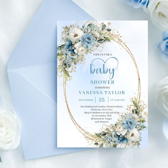Convites Chuva de Boho Pastel Azul Floral Eucalipto Dourado (Boho Pastel Blue Floral Eucalyptus Gold Shower Invite

)