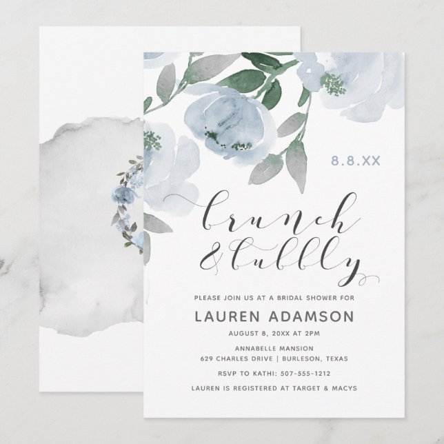 Convites Chuva de Bolhas Brunch Nupcial Aquarela Azul Empoe (Frente/Verso)