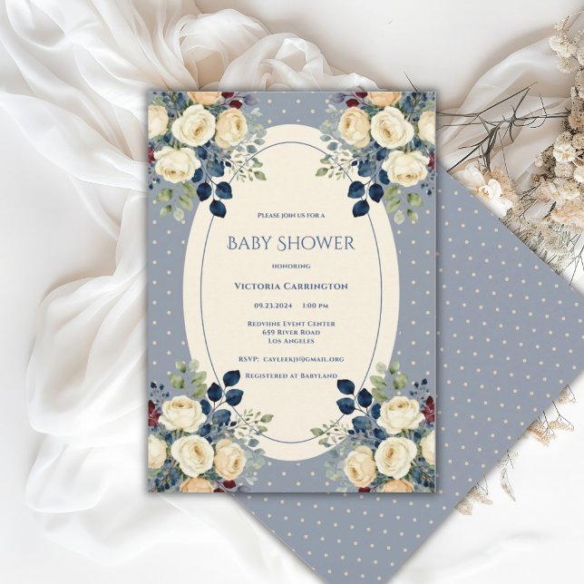 Convites Chuva de Bolinhas Azul e Creme Floral Chá de Bebê  (Criador carregado)