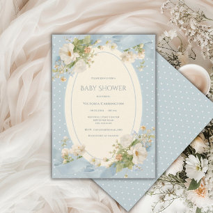 Convites Chuva de Bolinhas Florais Azul Fita Elegante Baby