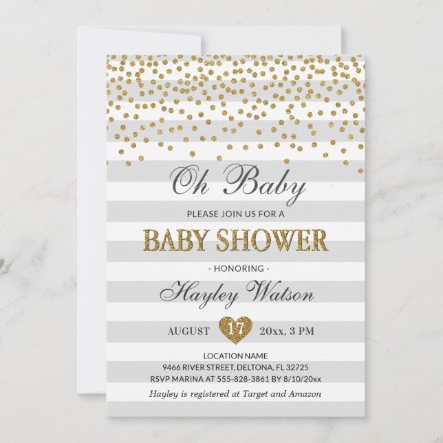 Convites Chuva de Bolinhas Neutra Cinza e Dourado Oh Baby C (Frente)