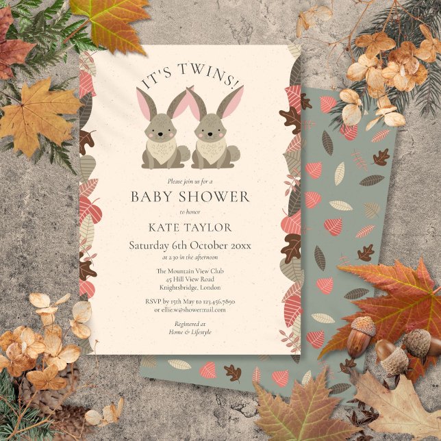 Convites Chuva de Bolinhas para Chás de Bebê de Gêmeos Anim (Its Twins Woodland Animals Baby Shower Sprinkle Invitation)