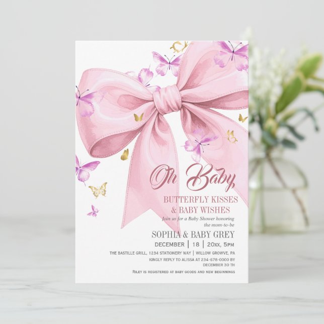 Convites Chuva de Borboleta Roxa Dourado e Rosa Baby Shower (Em pé/Frente)