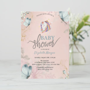 Convites Chuva de Borboletas Azuis com Unicórnio - Baby Sho