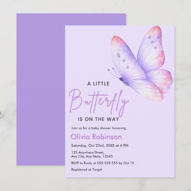 Convites Chuva de Borboletas Baby Shower Rosa e Roxo (Frente/Verso)