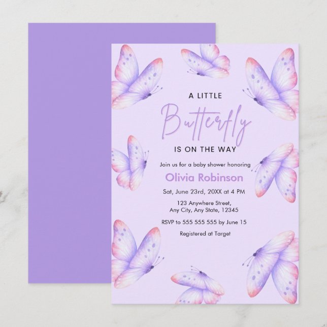 Convites Chuva de Borboletas Baby Shower Roxa (Frente/Verso)