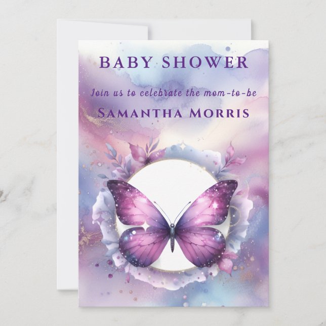 Convites Chuva de Borboletas Brilho Roxo Baby Shower (Frente)