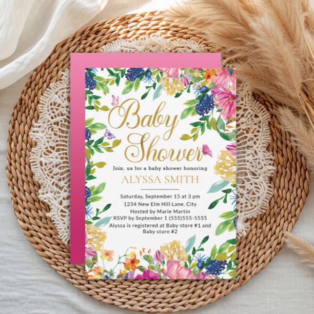 Convites Chuva de Borboletas Florais Rosa Azul Amarelo Chás (Pink, blue, and yellow watercolor floral and butterflies baby girl baby shower invitation)