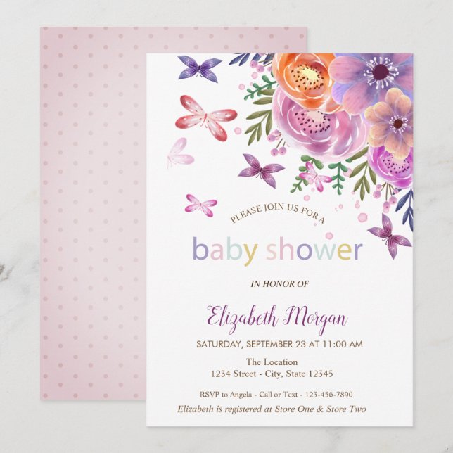 Convites Chuva de Borboletas Floral Baby Shower (Frente/Verso)