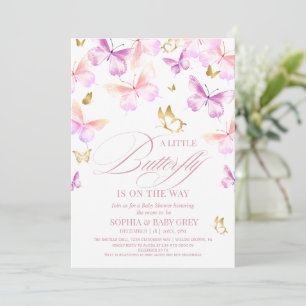 Convites Chuva de Borboletas Rosa e Dourado - Baby Shower M