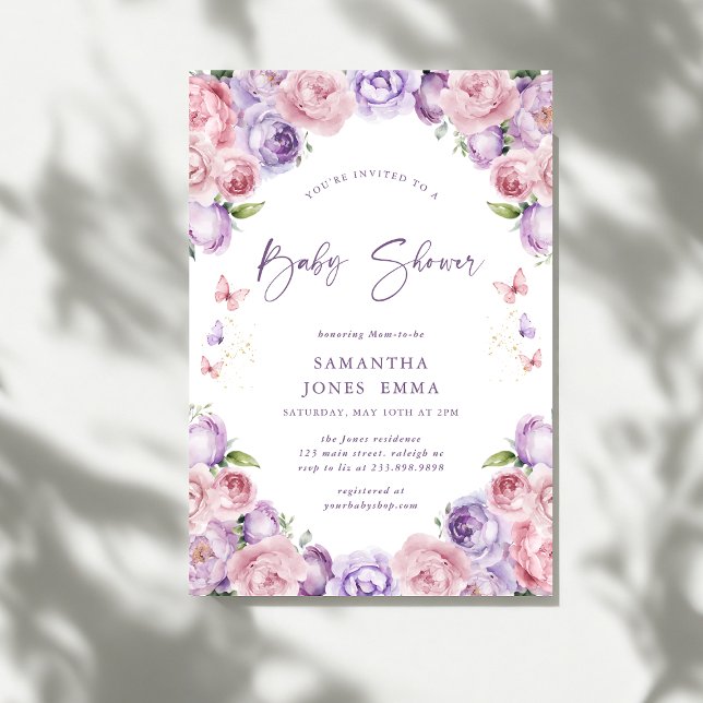 Convites Chuva de Borboletas Rosa Roxo Baby Shower (Criador carregado)