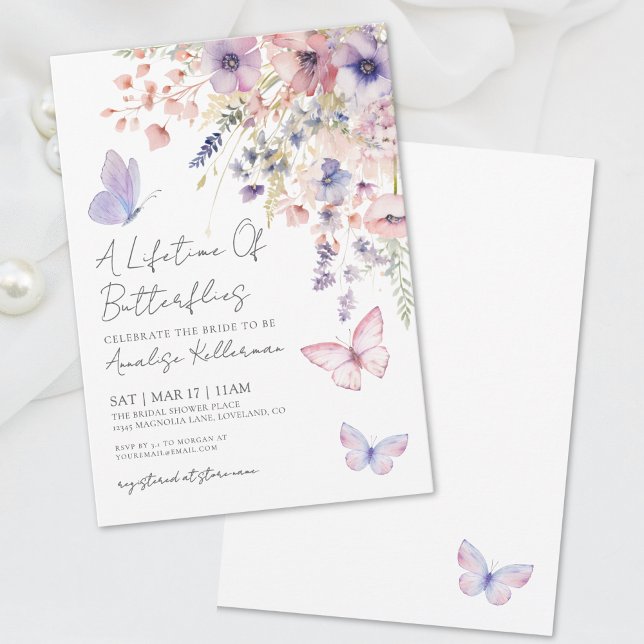 Convites Chuva de Borboletas Rosa Roxo Floral Chá de Noiva (Elegant Butterfly Bridal Shower Invitation)