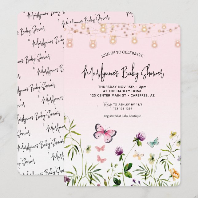Convites Chuva de Borboletas Rosa Script Baby Shower (Frente/Verso)