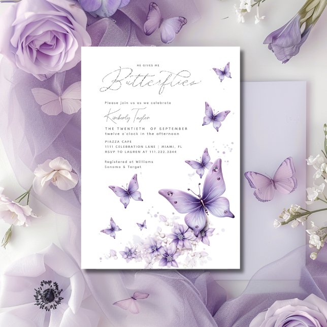 Convites Chuva de Borboletas Roxas para Chá de Noiva (He Gives Me Purple Butterflies Bridal Shower Invitation)
