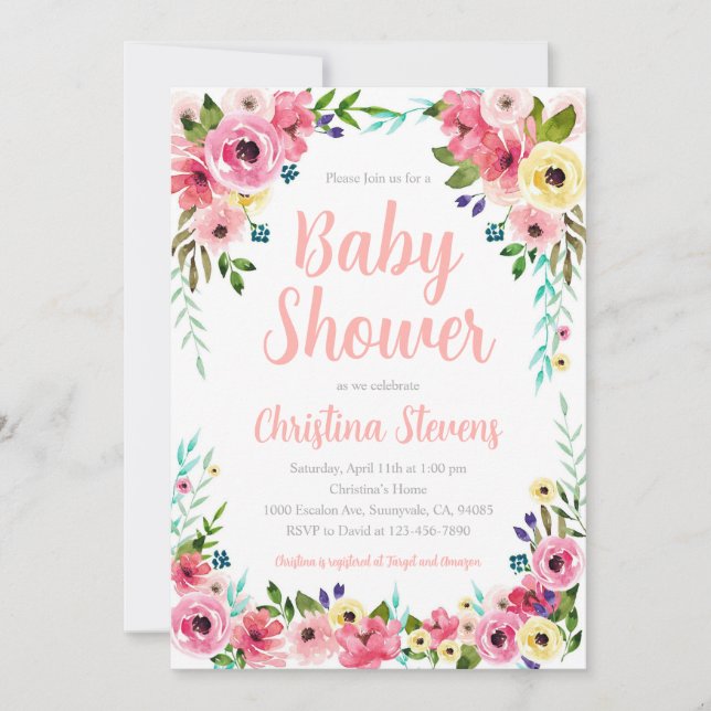 Convites Chuva de Brilho Baby Shower Floral (Frente)