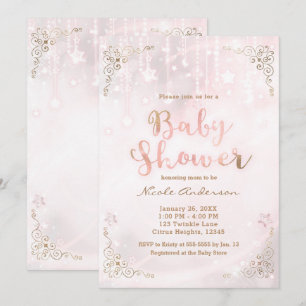Convites Chuva de Brilho Celestial Rosa e Dourado Baby Show