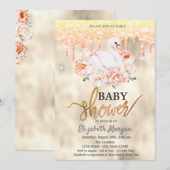 Convites Chuva de Brilho de Cisne Floral em Aquarela para C (Frente/Verso)