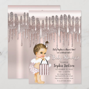 Convites Chuva de Brilho Diamante Rosa Gelado Baby Shower