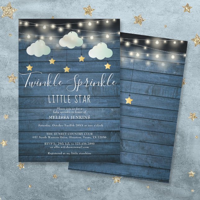 Convites Chuva de Brilho Estrela Pequena Chuvinha de Bebê R (Twinkle Sprinkle Little Star Rustic Baby Shower Invitation)
